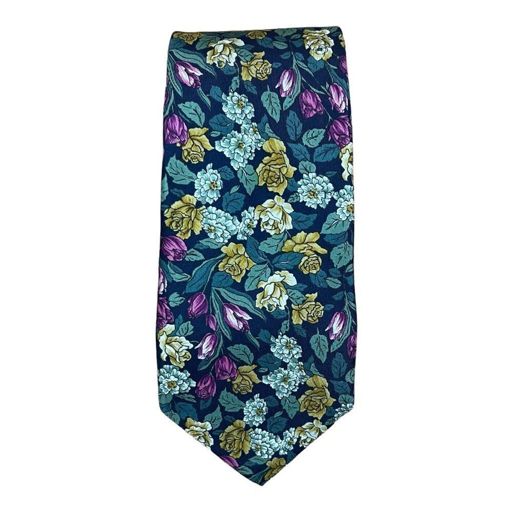 Lands' End Silk Tie ~ $60 Neat Pink Gold Green Flower Twill Woven Contemporary